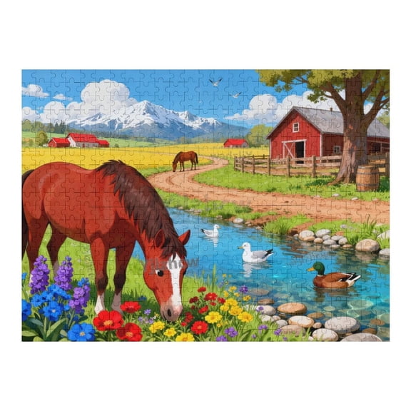 Rural Barn Landscape with Horse and Flower Pond Wooden Puzzle 500 Pieces for Adults and Teens, Relaxing Brain Teaser, Indoor Tabletop Hobby, Home Decor Entertainment Puzzle