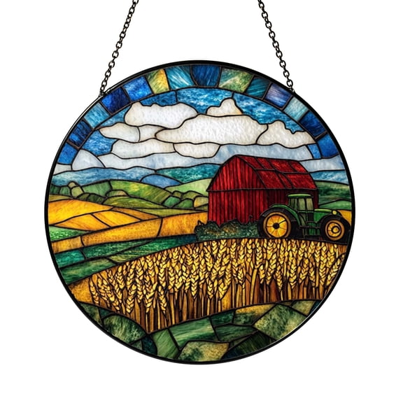 Rural Barn Tractor Stained Glass Style Window Art2101