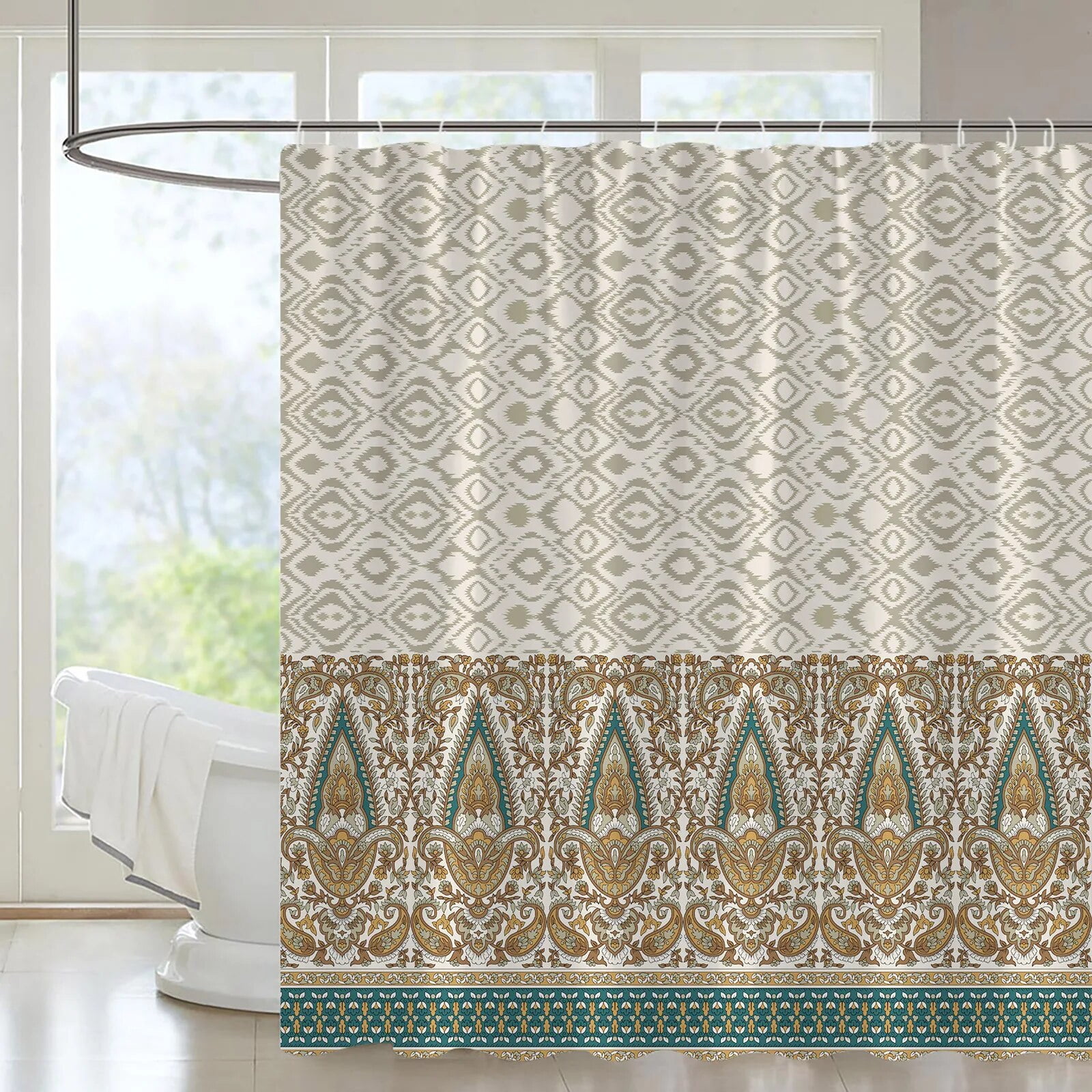 Rural Bathroom Shower Curtain Set Animal Deer Black White Silhouette Bohemian Pattern Aesthetic