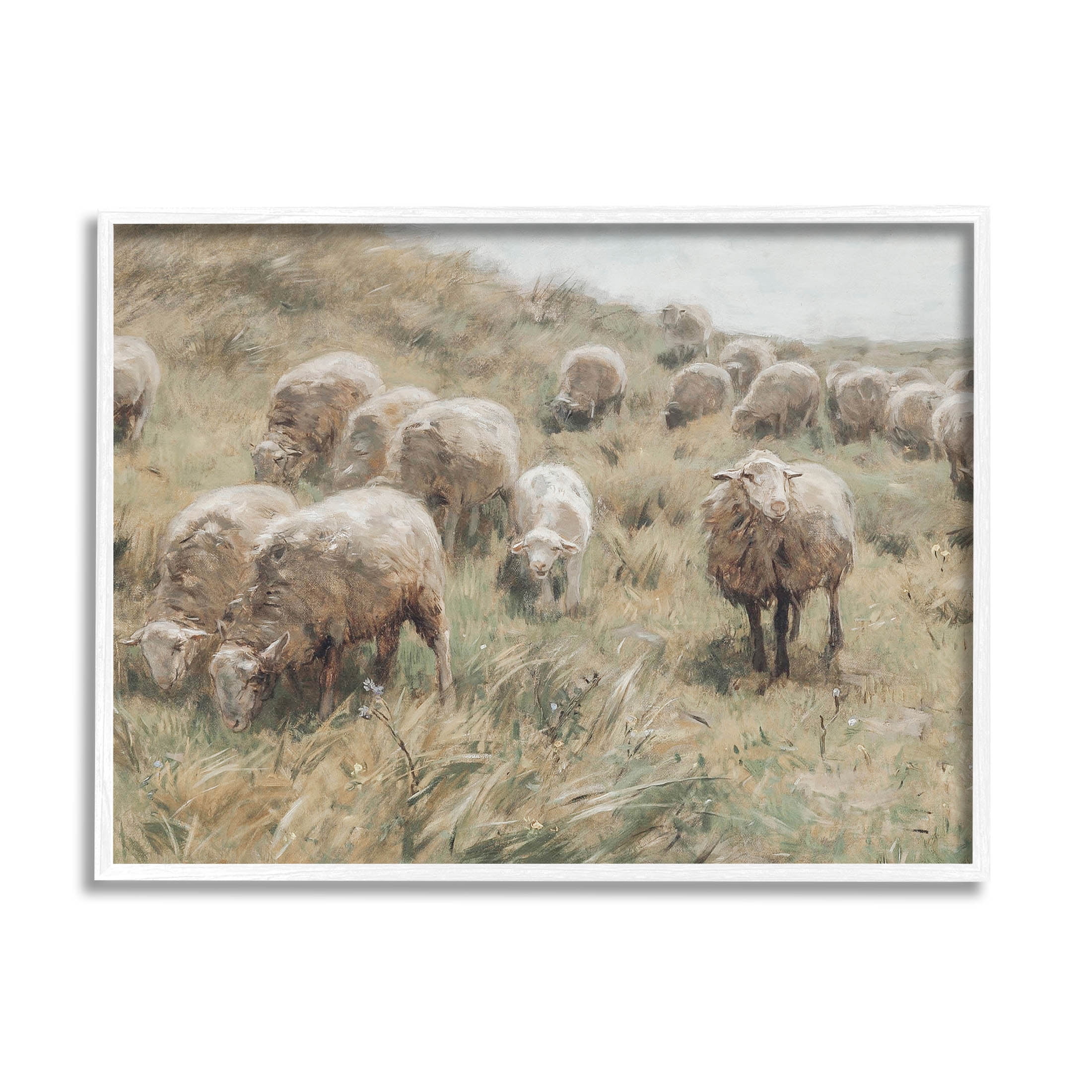 Rural Cattle Grazing Field Landscape Painting White Framed Art Print Wall Art