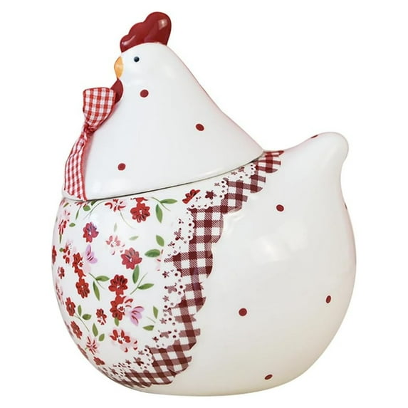 Rural Chicken and Flower Pattern Ceramic Easter Sugar Canister Rooster Hen Cookie Jar Ceramic Storage Jar Food Storage Can with Airtight Lid-Red-35 OZ