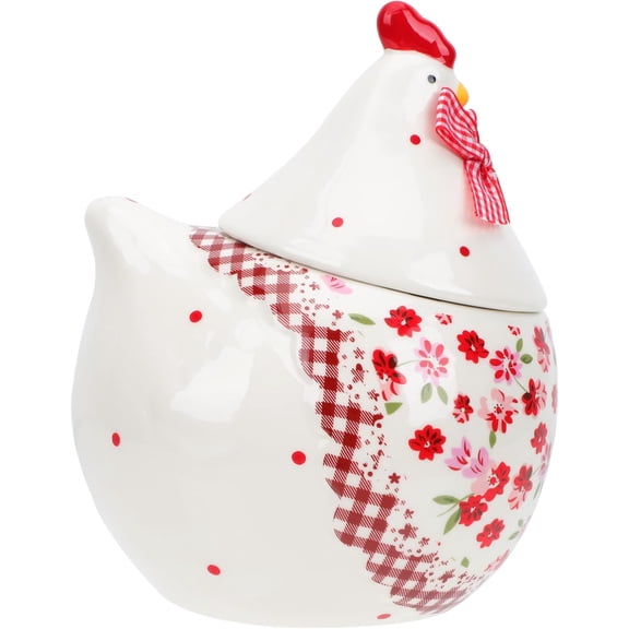 Rural Chicken and Flower Pattern Ceramic Easter Sugar Canister Rooster Hen Cookie Jar Ceramic Storage Jar Food Storage Can with Airtight Lid-Red(Q)