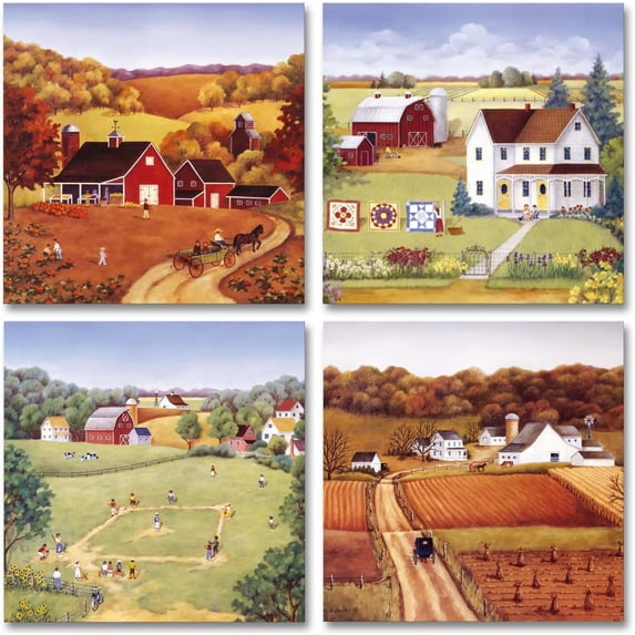 Rural Country Landscape Wall Art Set of 4 Countryside Scene Painting Canvas Prints Vintage Country Wall Decor