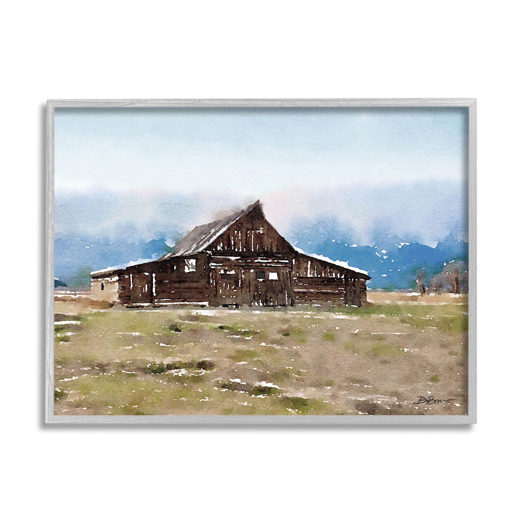 Rural Countryside Cabin Landscape Landscape Painting Gray Framed Art Print Wall Art