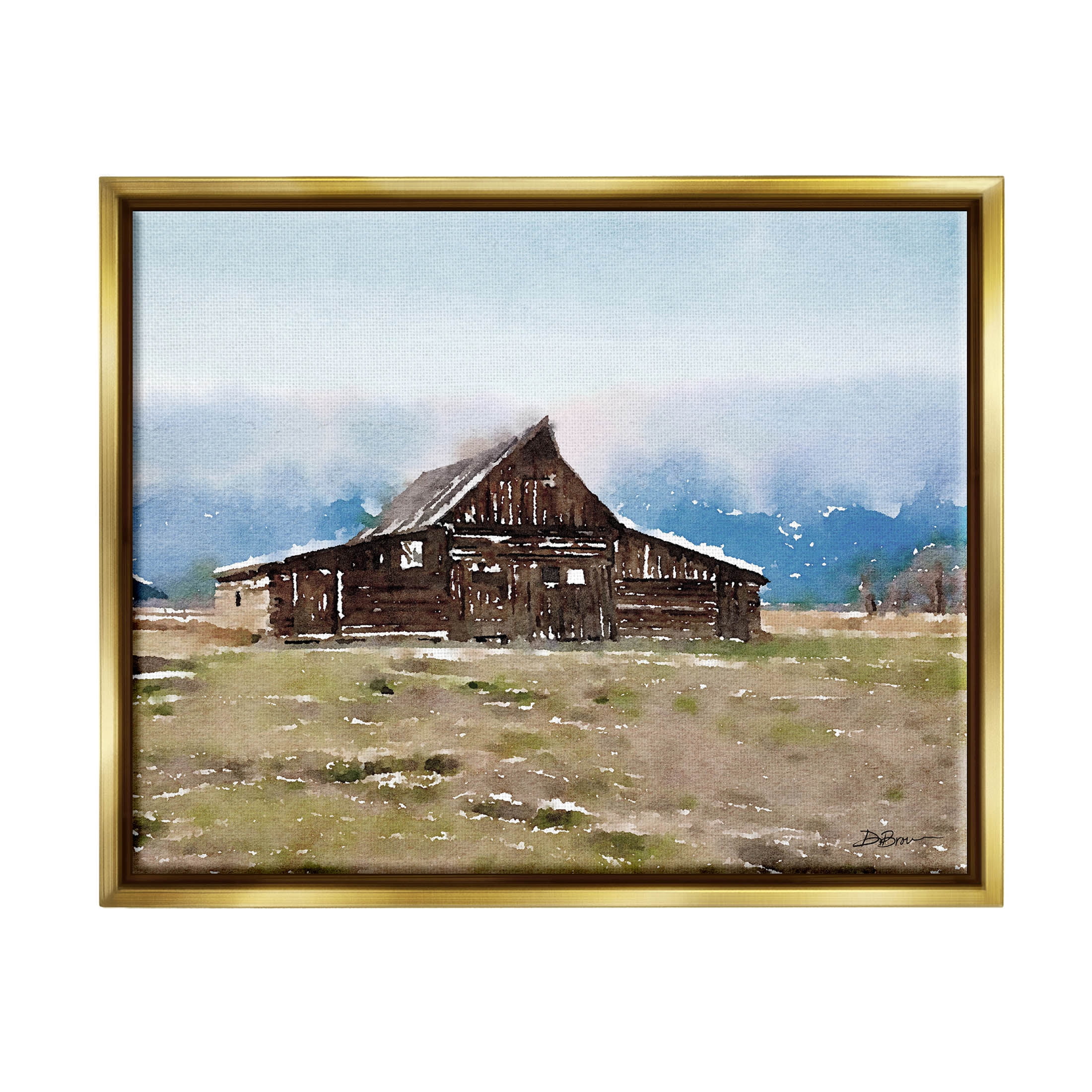 Rural Countryside Cabin Landscape Landscape Painting Metallic Gold Framed Art Print Wall Art