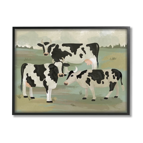 Rural Cows Grazing Trio Animals & Insects Graphic Art Black Framed Art Print Wall Art