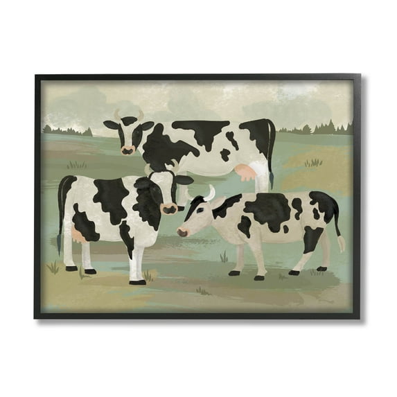 Rural Cows Grazing Trio Animals & Insects Graphic Art Black Framed Art Print Wall Art