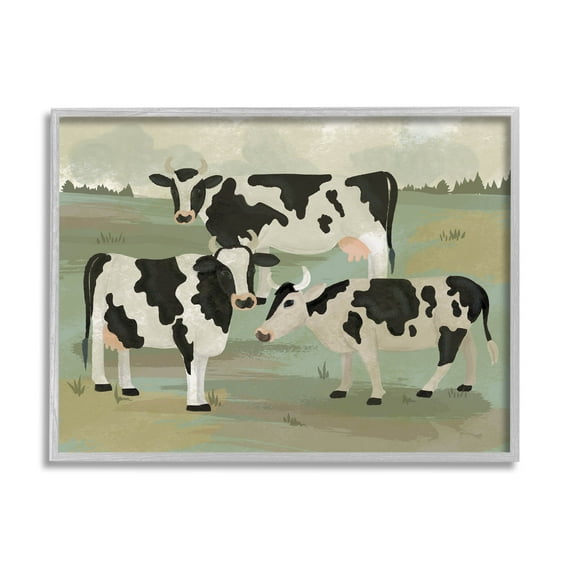 Rural Cows Grazing Trio Animals & Insects Graphic Art Gray Framed Art Print Wall Art