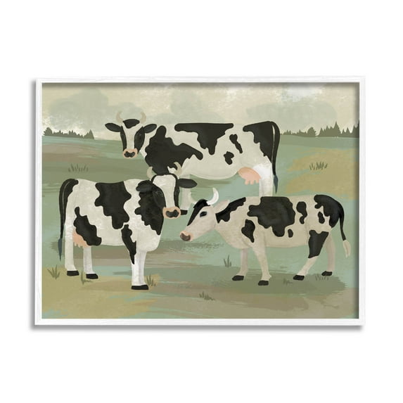 Rural Cows Grazing Trio Animals & Insects Graphic Art White Framed Art Print Wall Art
