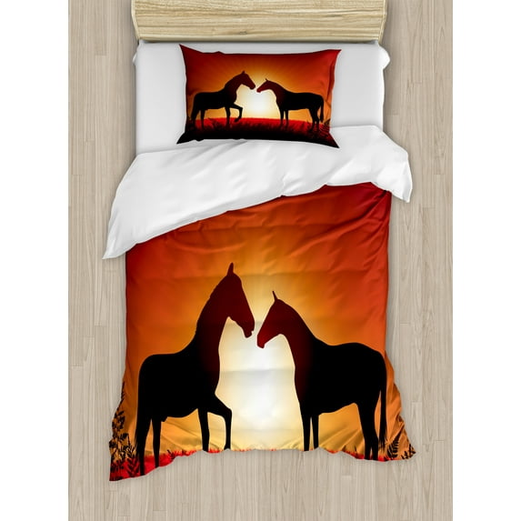 Rural Duvet Cover Set, Horse Silhouettes on Meadow Sunset Illustration, Decorative 2 Piece Bedding Set with 1 Pillow Shams, Twin Size, Vermilion Seal Brown, by Ambesonne