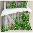 thumbnail image 1 of Rural Duvet Cover Set, Rustic Grunge Look Wooden Fence with Blooms Backyard Look Picture Print, Decorative 3 Piece Bedding Set with 2 Pillow Shams, King Size, Pale Brown and Green, by Ambesonne, 1 of 3