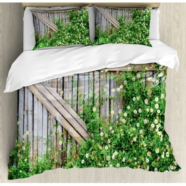 Rural Duvet Cover Set, Rustic Grunge Look Wooden Fence with Blooms Backyard Look Picture Print, Decorative 3 Piece Bedding Set with 2 Pillow Shams, Queen Size, Pale Brown and Green, by Ambesonne