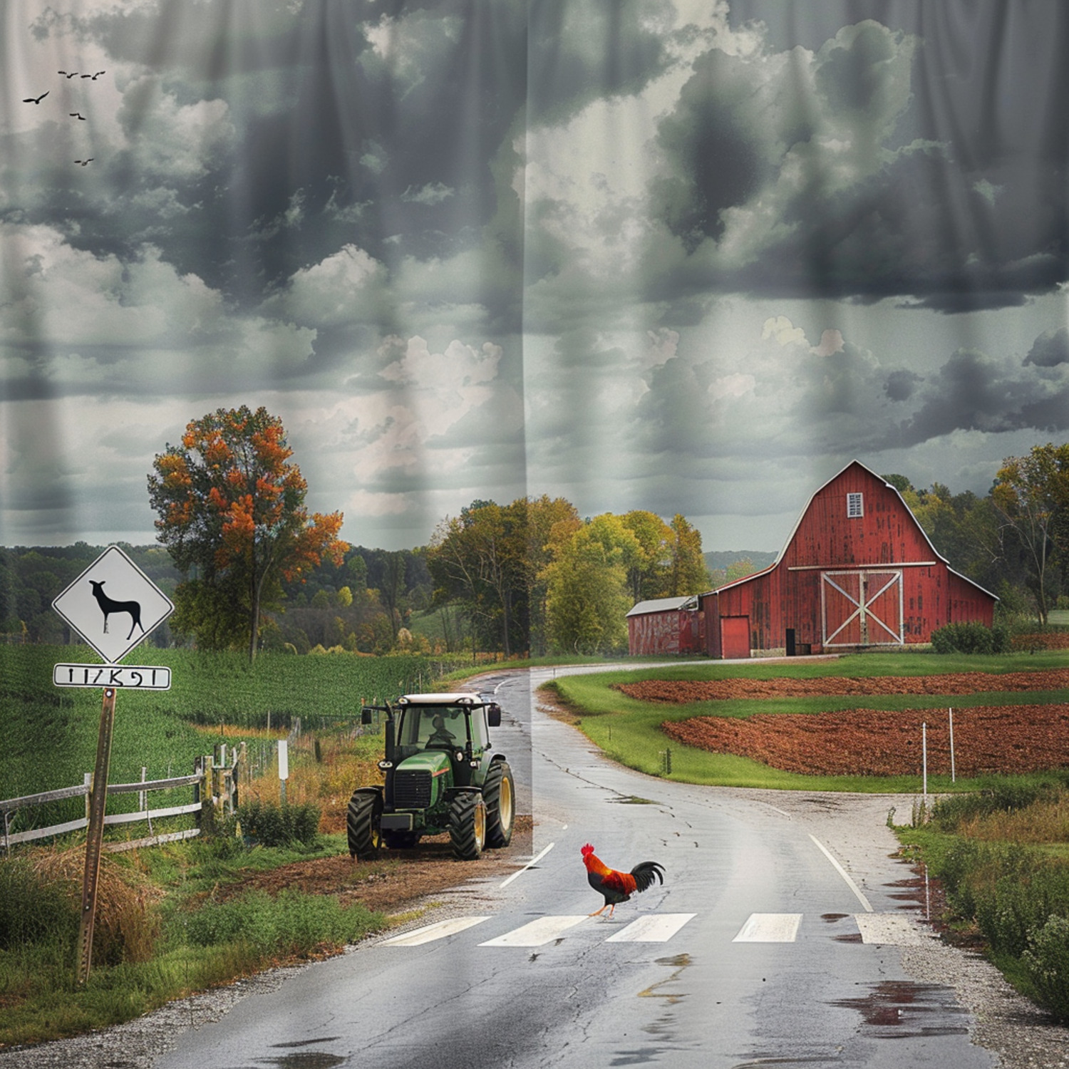 Rural Farm Scene Shower Curtain Red Barn Green Fields Old Tractor