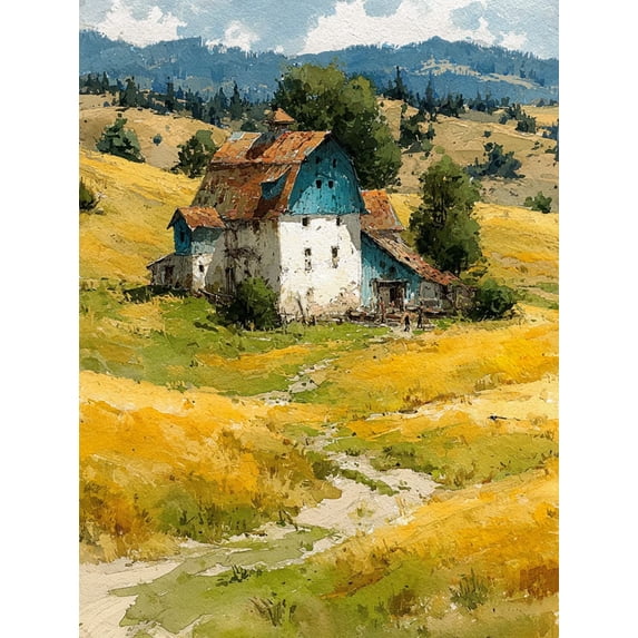Rural Farm Watercolor Landscape Canvas Countryside Home Wall Decor Print