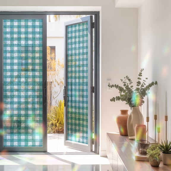 Rural Farmhouse Window Privacy Film, Rainbow Film Decorative Window Sticker 23.6x78.7in, Retro Duck Green Plaid Sun Blocking Static Stained Glass Cling Tint Non-Adhesive