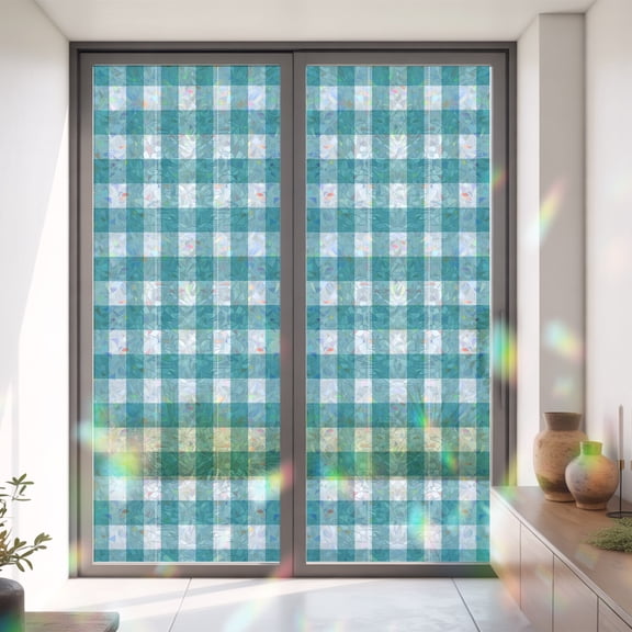 Rural Farmhouse Window Privacy Film, Rainbow Film Decorative Window Sticker 35.4x78.7in, Retro Duck Green Plaid Sun Blocking Static Stained Glass Cling Tint Non-Adhesive