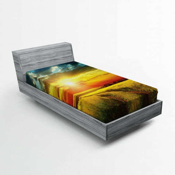 Rural Fitted Sheet Sunset Over Field Sun Bursting Through Colored Dramatic Clouds Scenic Picture, Soft Decorative Fabric Bedding, Orange and Yellow, by Ambesonne