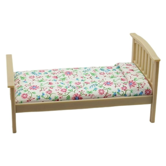 Rural Flower Print Miniature Single Bed For Doll House Decoration 1/12 Furniture Doll House Scene Display Accessory