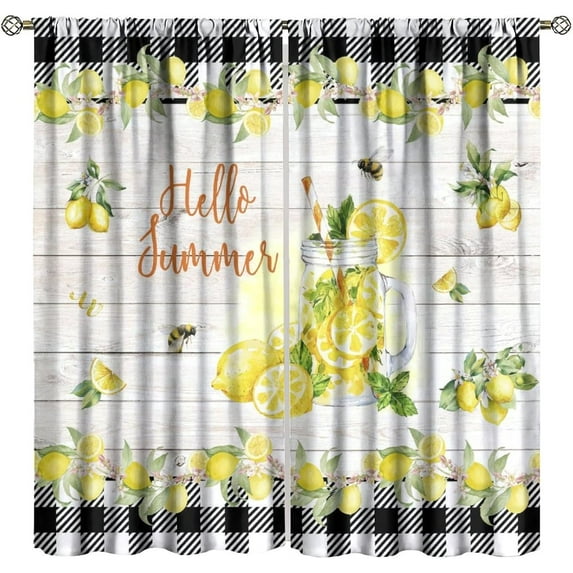 Rural Fruit Curtains Vibriant Flower Bee Lemonade Cup Decor Retro Farmhouse Wood Plank Black White Check Pattern Drapes Blackout Rod Pocket Window Treatments for Livingroom Bedroom Kitchen 42x84in *2