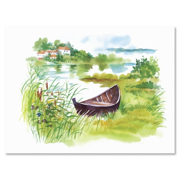 Rural Green Landscape With Boat In Lake 12 in x 8 in Painting Canvas Art Print, by Designart