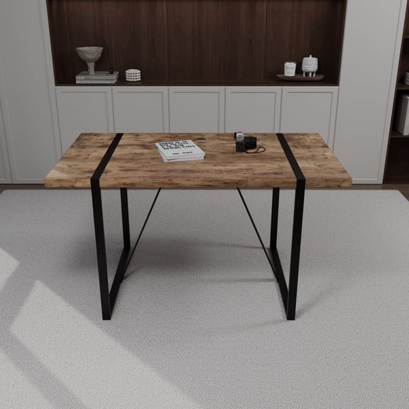 Rural Industrial Dining Table 55", 1.5" Thick Dark Wood Tabletop, Rectangular For 4-6, Black Metal Legs, Home Accessory Modern 55" Table, Tabletop And 4 - 6 Person & Kitchen