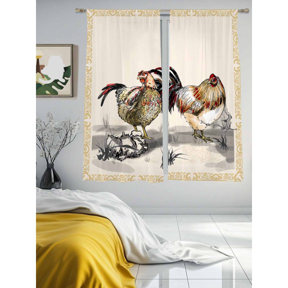 Rural Ink Art Farm Chicken Animals Chiffon Sheer Curtains 63 Inches Long Golden Flowers Texture Border Rod Pocket Window Curtains Voile Drapes Curtains for Living Room Bedroom,2 Panels