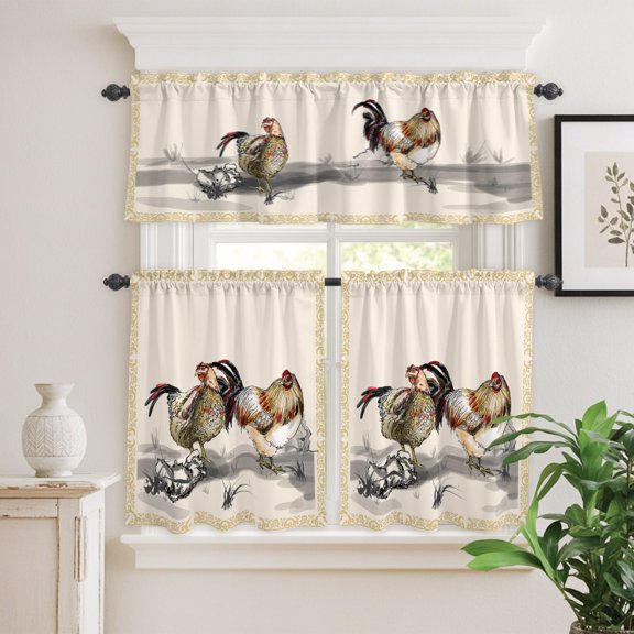 Rural Ink Art Farm Chicken Animals Curtain Tier and Valance Set 3 Piece,Golden Flowers Texture Border 3-inch Rod Pocket Window Tier Curtains Valance for Kitchen Living Room