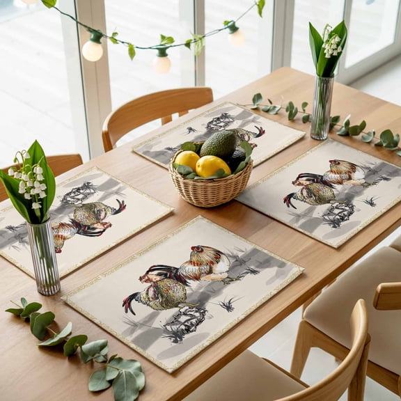 Rural Ink Art Farm Chicken Animals Placemats Set of 4,Wipeable Washable Table Mats for Dining Tables, Golden Flowers Texture Border Place Mats for Kitchen Event Party Tabletop Decor