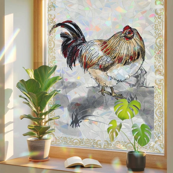 Rural Ink Art Farm Chicken Animals Window Privacy Film, Rainbow Film Decorative Window Sticker 17.7x39.3in, Golden Flowers Texture Border Sun Blocking Static Stained Glass Cling Tint Non-Adhesive