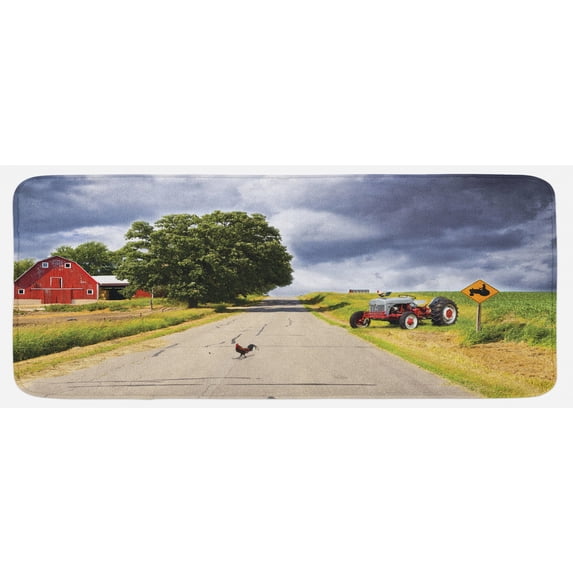 Rural Kitchen Mat, Farmhouse on the Country Road Barn and Tractor Side in Stormy Day Picture, Plush Decorative Kitchen Mat with Non Slip Backing, 47" X 19", Multicolor, by Ambesonne