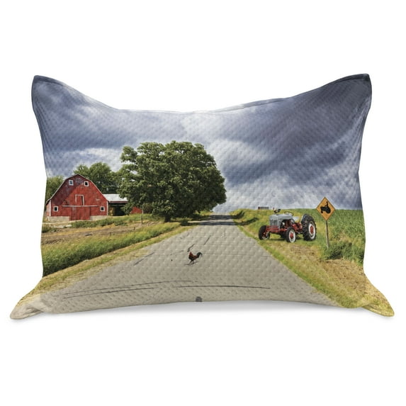 Rural Knitted Quilt Pillowcover, Farmhouse on the Country Road Barn and Tractor Side in Stormy Day Picture, Standard King Size Pillow Cover for Bedroom, 30" x 20", Multicolor, by Ambesonne