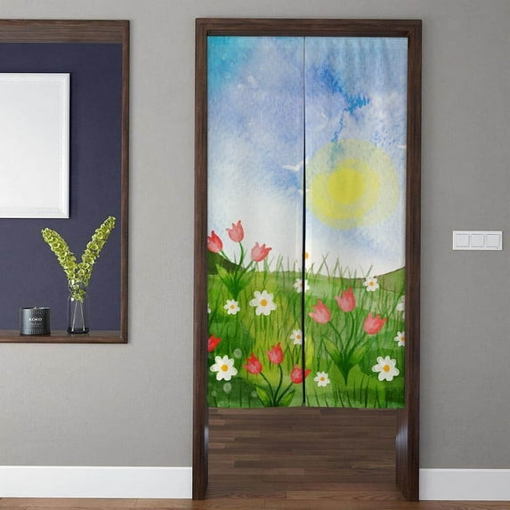 Rural Landscape Noren Door Curtains, Modern Minimalist Woodland Florets Doorway Curtains, For Kitchen Partition Bedroom Door Privacy Decor