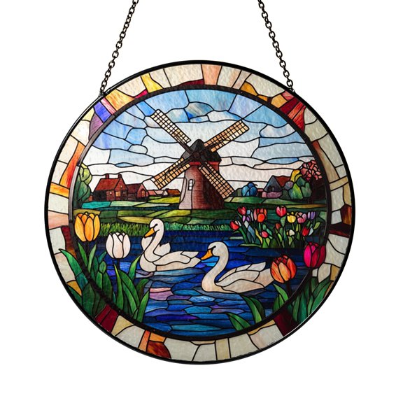 Rural Landscape with Swan Stained Glass Window Decor