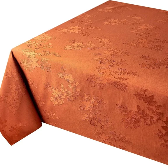 Rural Leaf Brocade Tablecloth, Autumn Harvest Thanksgiving Tablecloth, Rust Burnt Orange, 60 x 84 Inch Rectangular