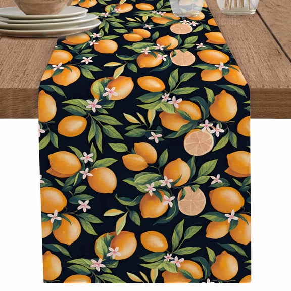 Rural Lemon Green Leaves on Black Table Runner-36 Inch Long Summer Pink Flower Table Runners Linen Burlap Tablerunner for Kitchen Dining Room Holiday Party