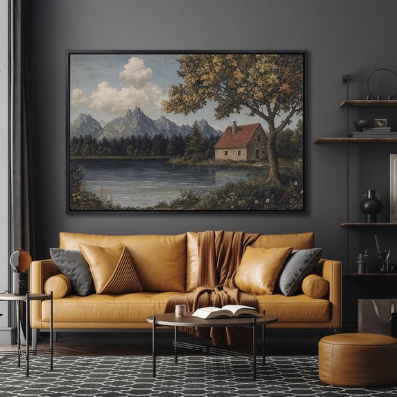 Rural Mountain Lakeside Cottage, Serene Landscape Poster, Wall Art, Rustic Decor, Nature, Lake House Art Gift Home Decor UNFRAMED Poster, Wall Art for Decor, Present, 16x24