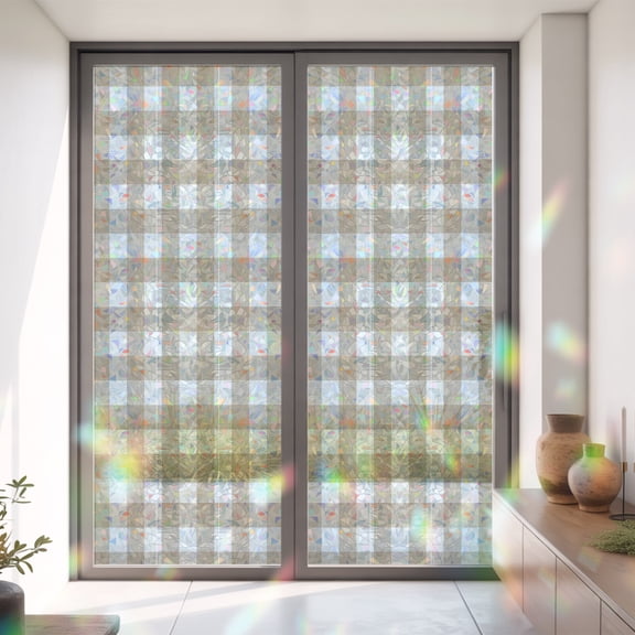 Rural Pastoral Buffalo Lattice Window Privacy Film,Decorative Windows Static Cling Khaki Tartan Heat Control Removable Glass Sticker for Home Bathroom Bedroom Window Door,35x79in