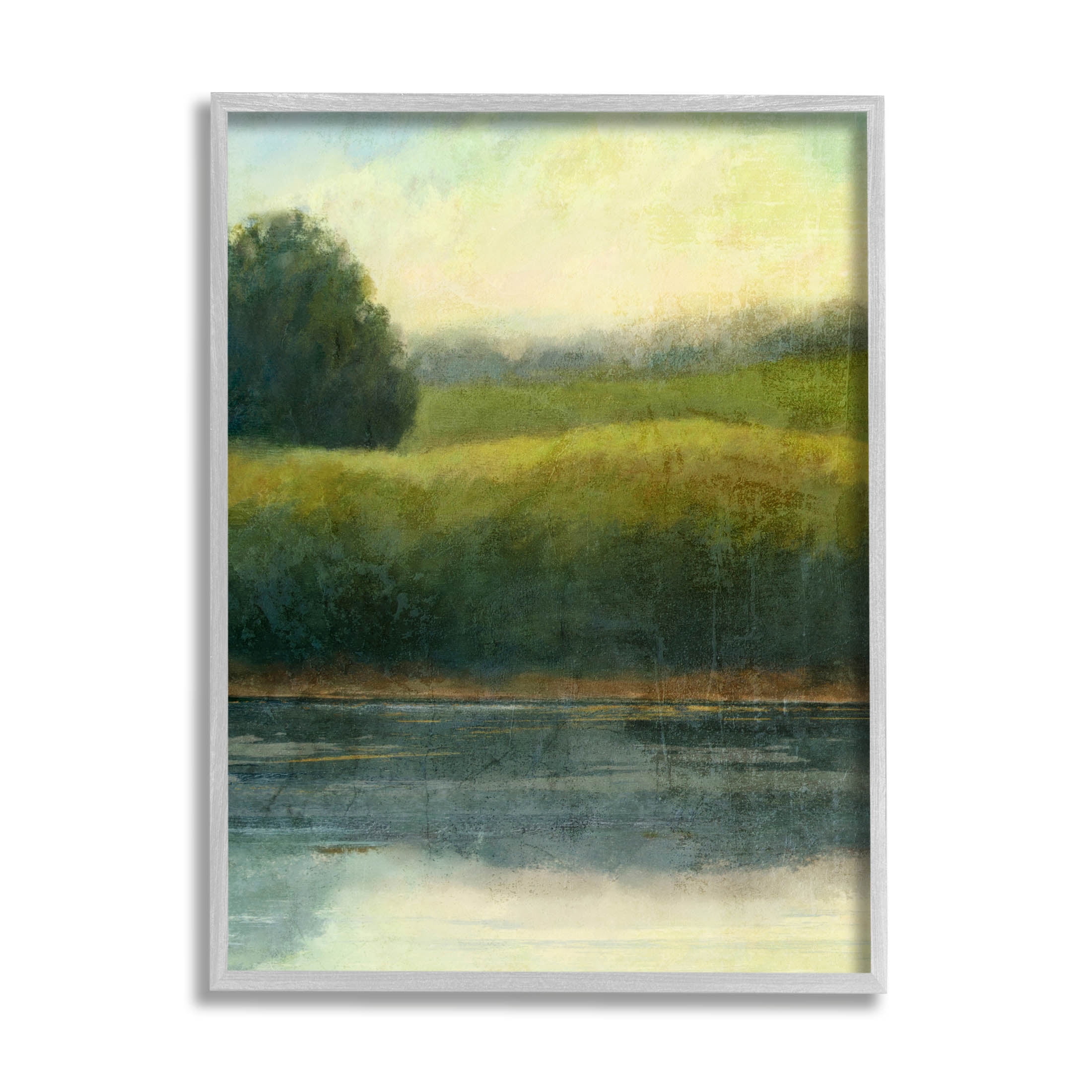 Rural Pond Grassland Nature Landscape Graphic Art Gray Framed Art Print Wall Art