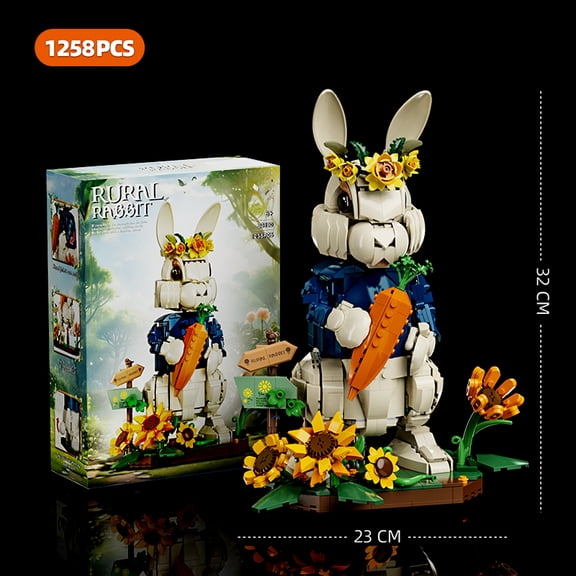 Rural Rabbit Building Kit, Giant Mechanical Bunny Model with Sunflowers and Carrot, 1258PCS Large Size Creative Building Blocks, Kawaii Animal Desk Decor for Adults Teens Kids, Gifts for Ages 9+