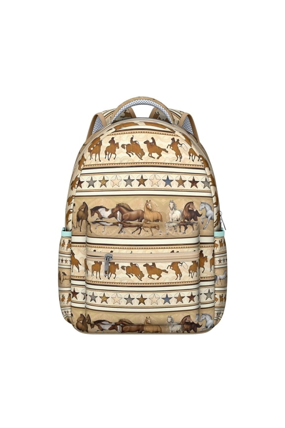 Rural Retro Student School Backpack with Horse, Foal, Pony Floral Pattern Cute Rainbow Print Design Book Bag