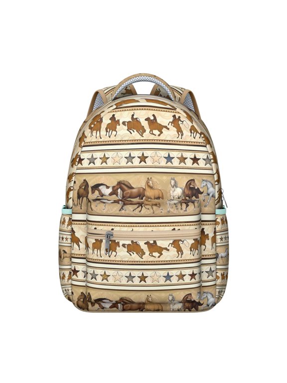 Student School Backpack with Horse, Foal, Pony Floral Pattern Cute Rainbow Print Design Book Bag