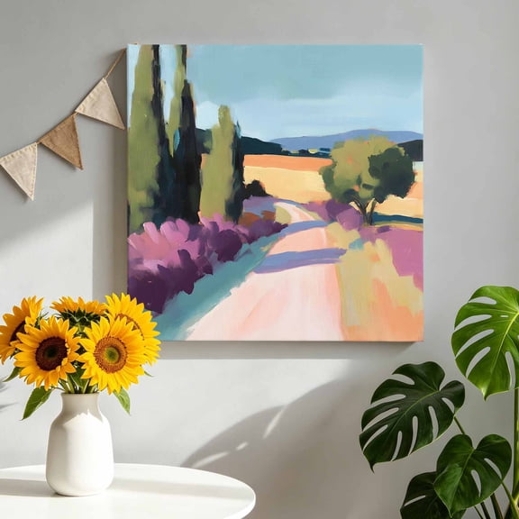 Rural Road Canvas Wall Art for Living Room, Rustic Cottagecore Pink Tall Trees Green Distant Hills Poster Print Painting for Bedroom Office Home Decoration Wall Pictures Prepare To Hang 12"x12"