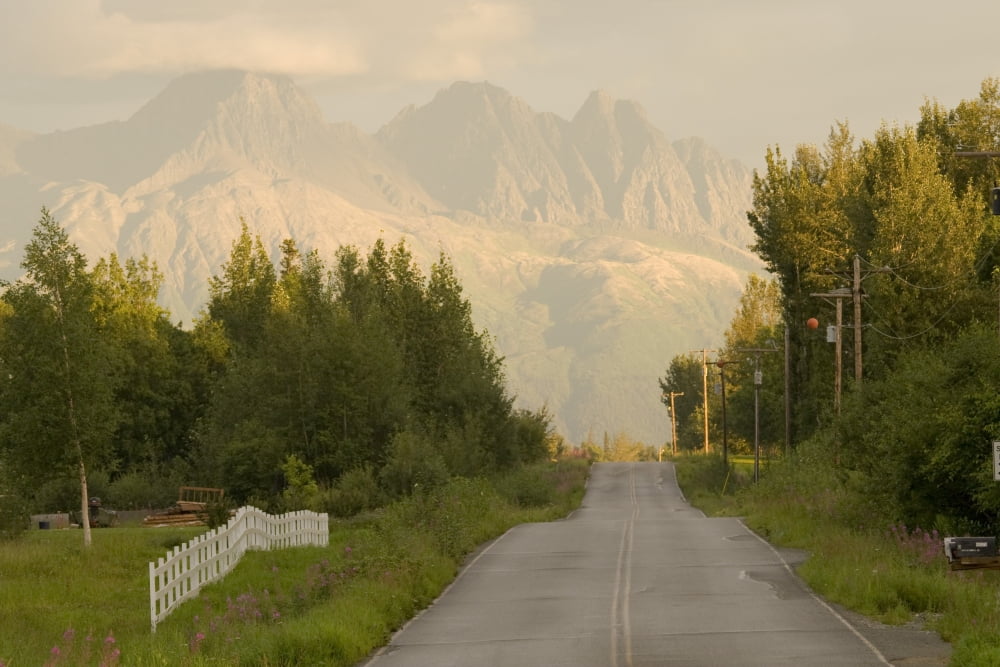 Rural Road Leading To View Of Chugach Mountains Near Palmer Alaska In Matanuska Valley At Sunset Canvas Art - Doug Demarest Design Pics (17 x 11)