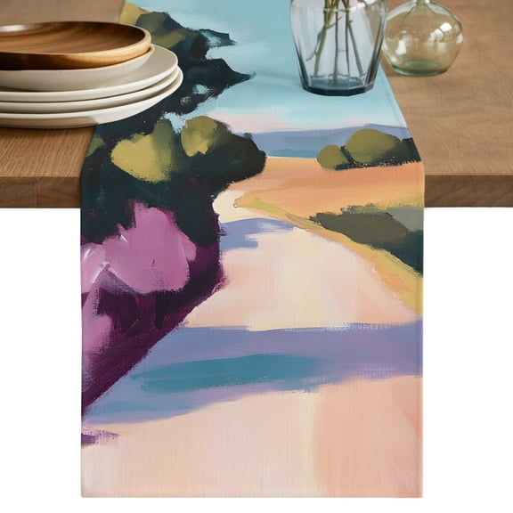 Rural Road Short Table Runner 36 Inches Long,Country Natural Trees Mountain Abstract Art Cotton Linen Table Runners Dresser Scarves,Fabric Tabletop Scarf Furniture Cover for Home Dinner Party 13"x36"