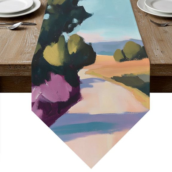 Rural Road Table Runner Linen Burlap Table Runner 36 Inches Small Country Natural Trees Mountain Abstract Art Dresser Scarves for Kitchen Island Coffee Dining Room Party Wedding Holiday Decor 13"x36"