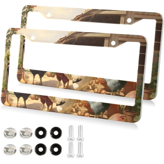 Rural Roosters License Plate Frames - Universal Aluminum License Plate Covers with Screws, 2 Pack Holder Car Accessories for Front and Rear Plates Home Decor