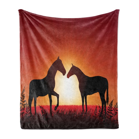 Rural Soft Flannel Fleece Throw Blanket, Horse Silhouettes on Meadow Sunset Illustration, Cozy Plush for Indoor and Outdoor Use, 50" x 60", Vermilion Seal Brown, by Ambesonne