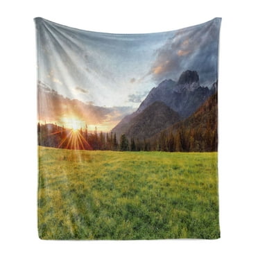 Rural Soft Flannel Fleece Throw Blanket, Nature Landscape Image of Sunrise Over Meadow and Snowy Mountains at Slovakia, Cozy Plush for Indoor and Outdoor Use, 50" x 60", Multicolor, by Ambesonne