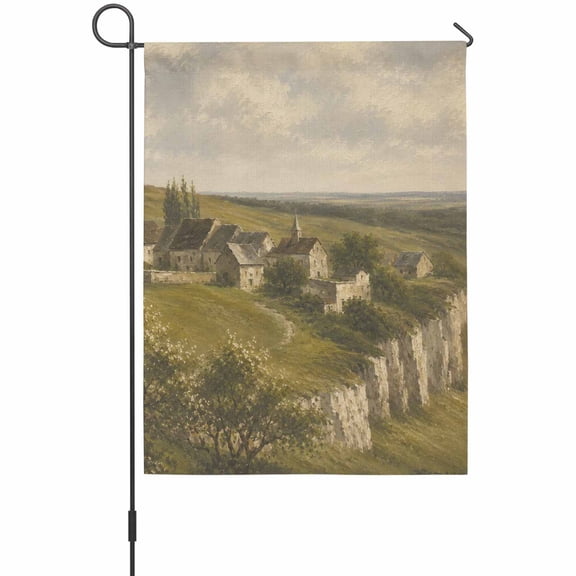 Rural Stone Cottage Garden Flags For Outdoor, Fall Olive Green Cliffside Hillside Country Small Double Side Yard Flags Weather Proof Garden Decor for Lawn Outside Holiday 12 x 18 Inches