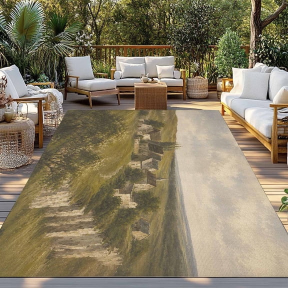 Rural Stone Cottage Indoor Outdoor Rugs 4x6 Ft, Fall Olive Green Cliffside Hillside Country Outdoor Patio Rug Mat Washable Outside Area Rugs Carpet for Porch Deck RV Camping Pool Balcony Backyard